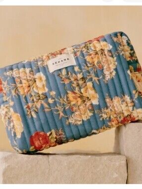 NEW Sezane Toiletry Cosmetic Makeup Bag In Floral Blue